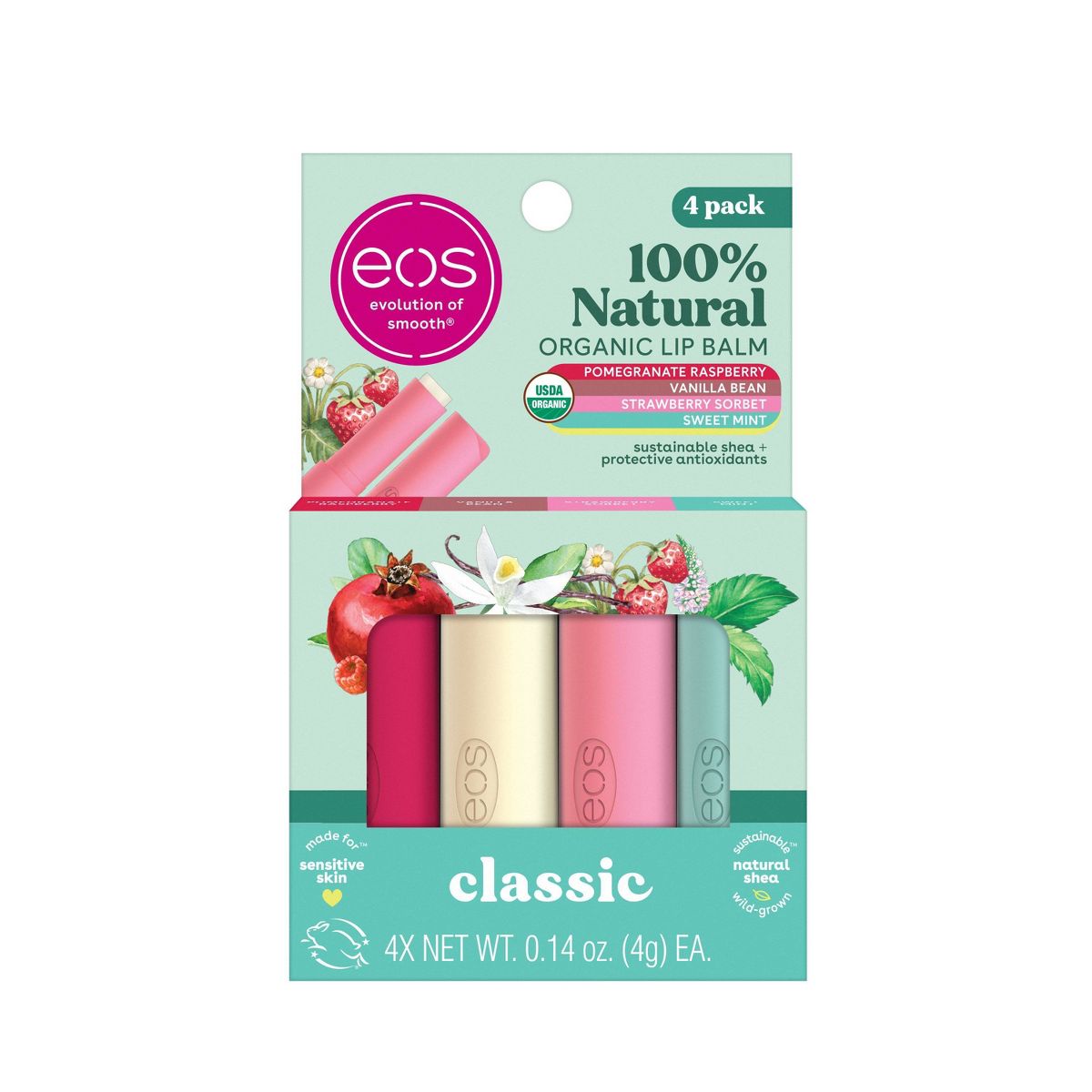 EOS Lip Balm Pack - Strawberry Sorbet, Pomegranate Raspberry, Sweet Mint, Vanilla Bean